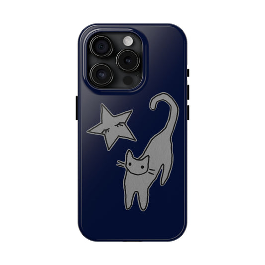 Cat and Star Navy Blue Phone Case