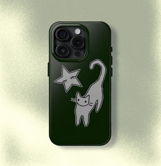 Cat and Star Green Phone Case